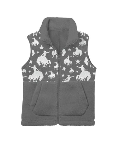 Front view of the toddler boy's gray fleece vest featuring hand pockets, zip closure, and a mock collar