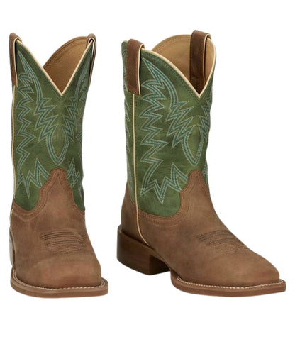 Men's Justin Western Leather Boot Featuring A Tan Leather Vamp, And A Green Leather Shaft