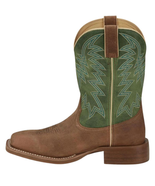 Men's Wide Square Toe Tan/Green Leather Boot With A Vibram Rubber Outsole