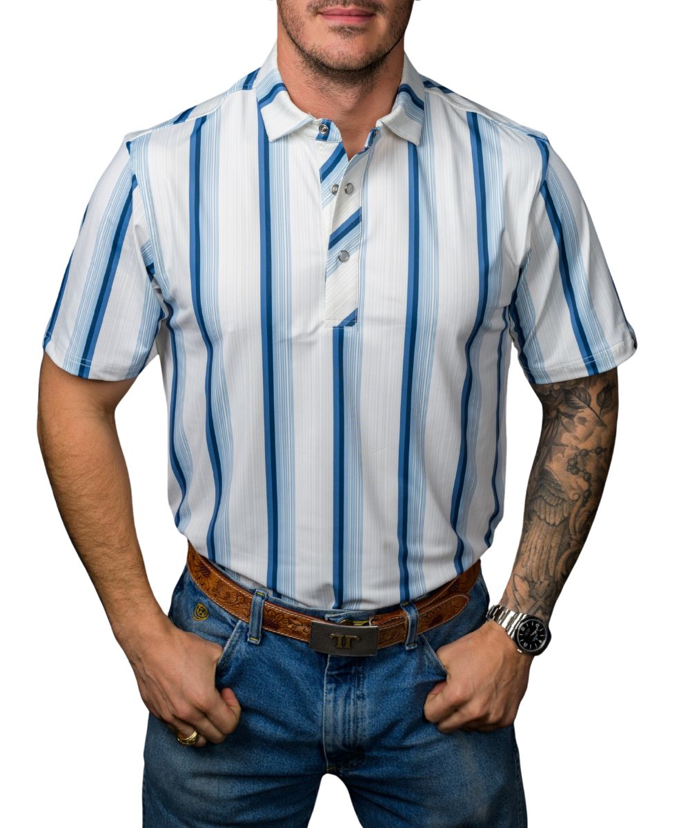 Front view of the men's short sleeve pearl snap polo shirt featuring a blue striped print