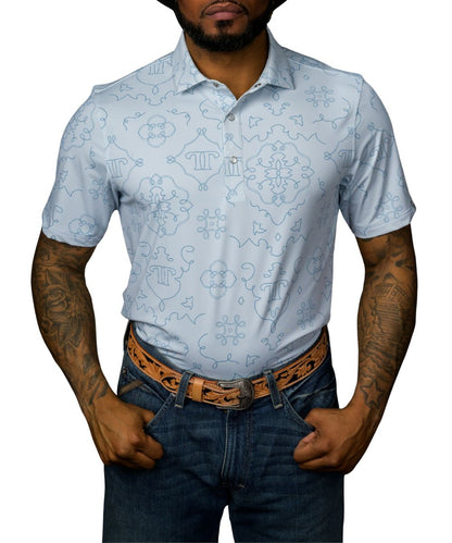 Front view of the men's light blue short sleeve geometric print polo shirt