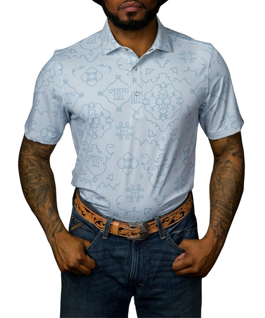 Front view of the men's light blue short sleeve geometric print polo shirt