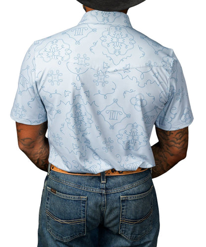 Back view of the men's light blue geometric print polo shirt featuring a single point back yoke
