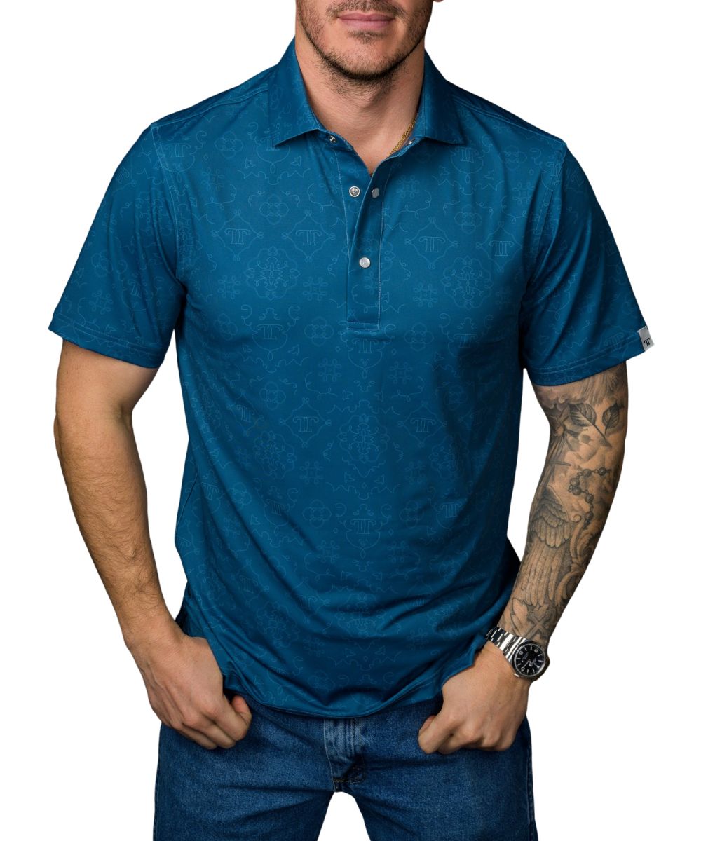 Front view of the men's blue geometric print short sleeve polo shirt