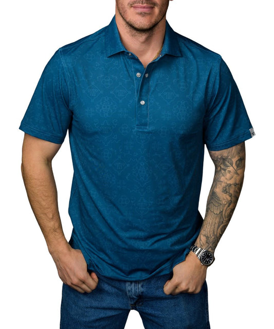 Front view of the men's blue geometric print short sleeve polo shirt