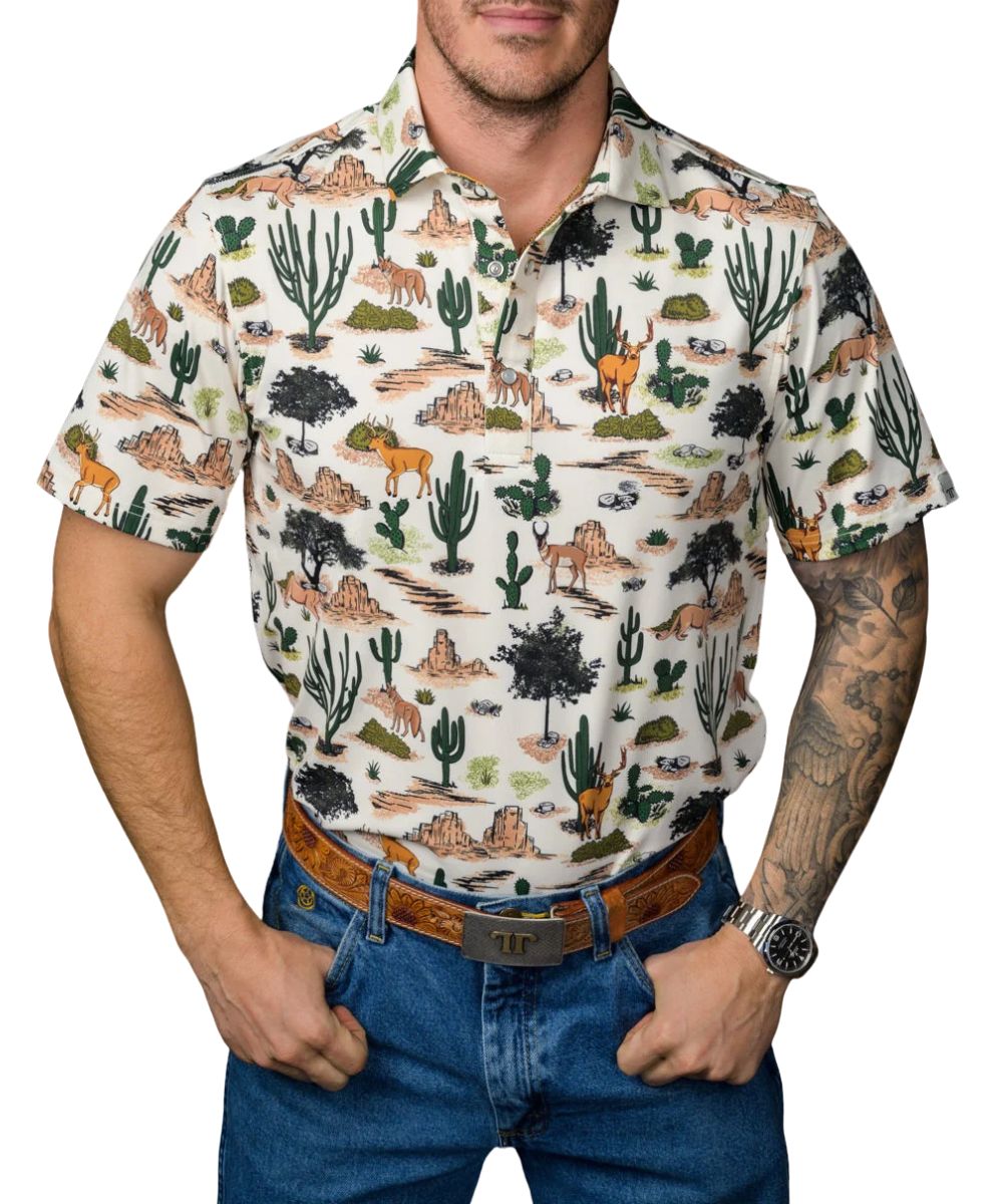 Front view of the men's white Ferrell Brand short sleeve polo shirt featuring the pearl snaps and desert wilderness geometric print