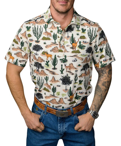 Front view of the men's white Ferrell Brand short sleeve polo shirt featuring the pearl snaps and desert wilderness geometric print