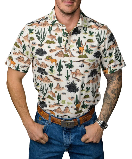Front view of the men's white Ferrell Brand short sleeve polo shirt featuring the pearl snaps and desert wilderness geometric print