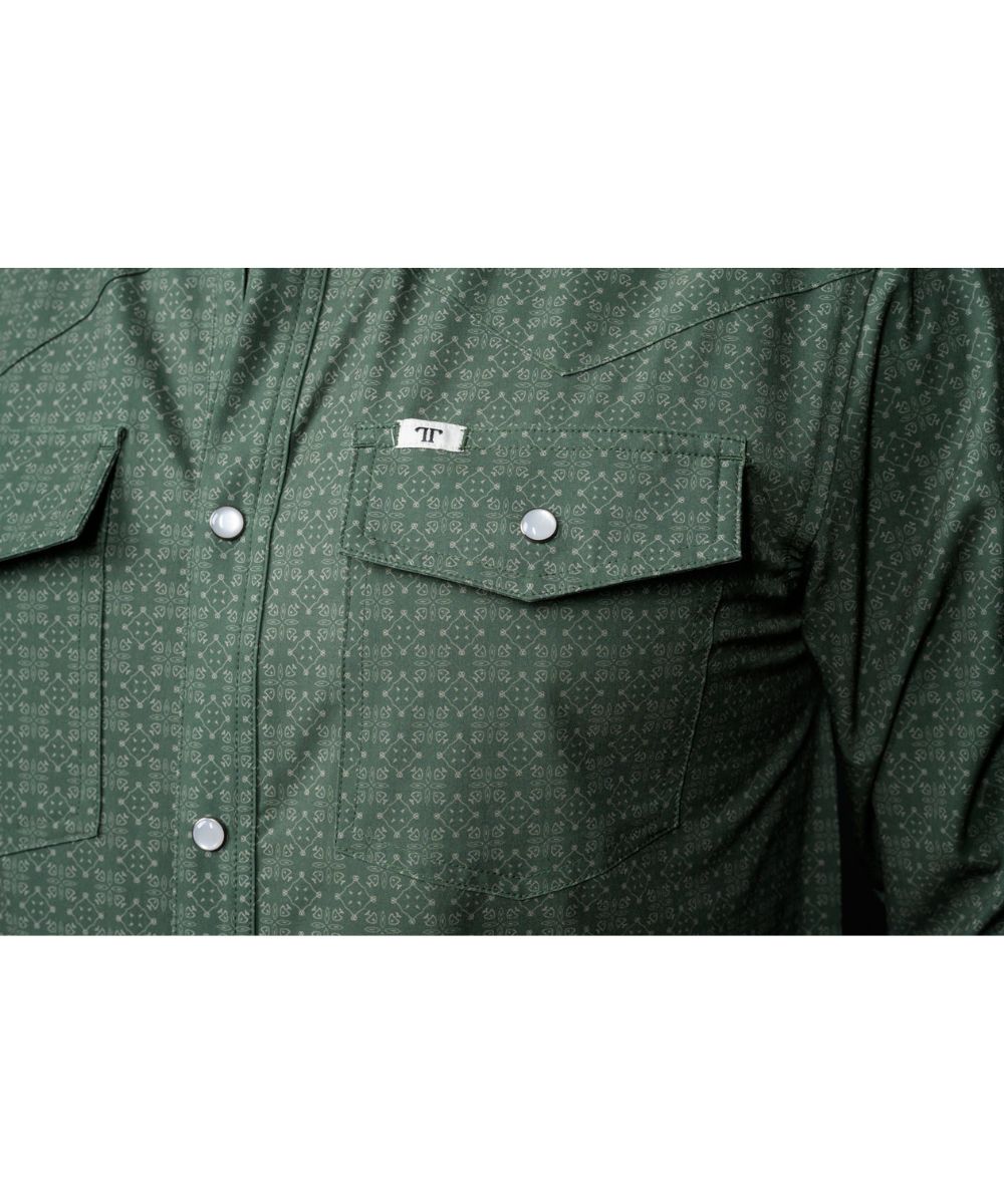 Close-up view of the geometric print and chest pockets