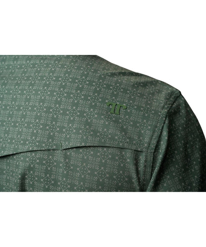 Close-up view of the vented back yoke and green geometric print