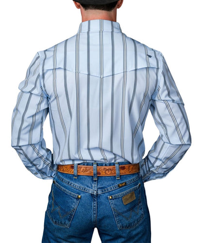Back view of the men's light blue long sleeve pearl snap shirt featuring the vertical striped print and the vented single point back yoke 