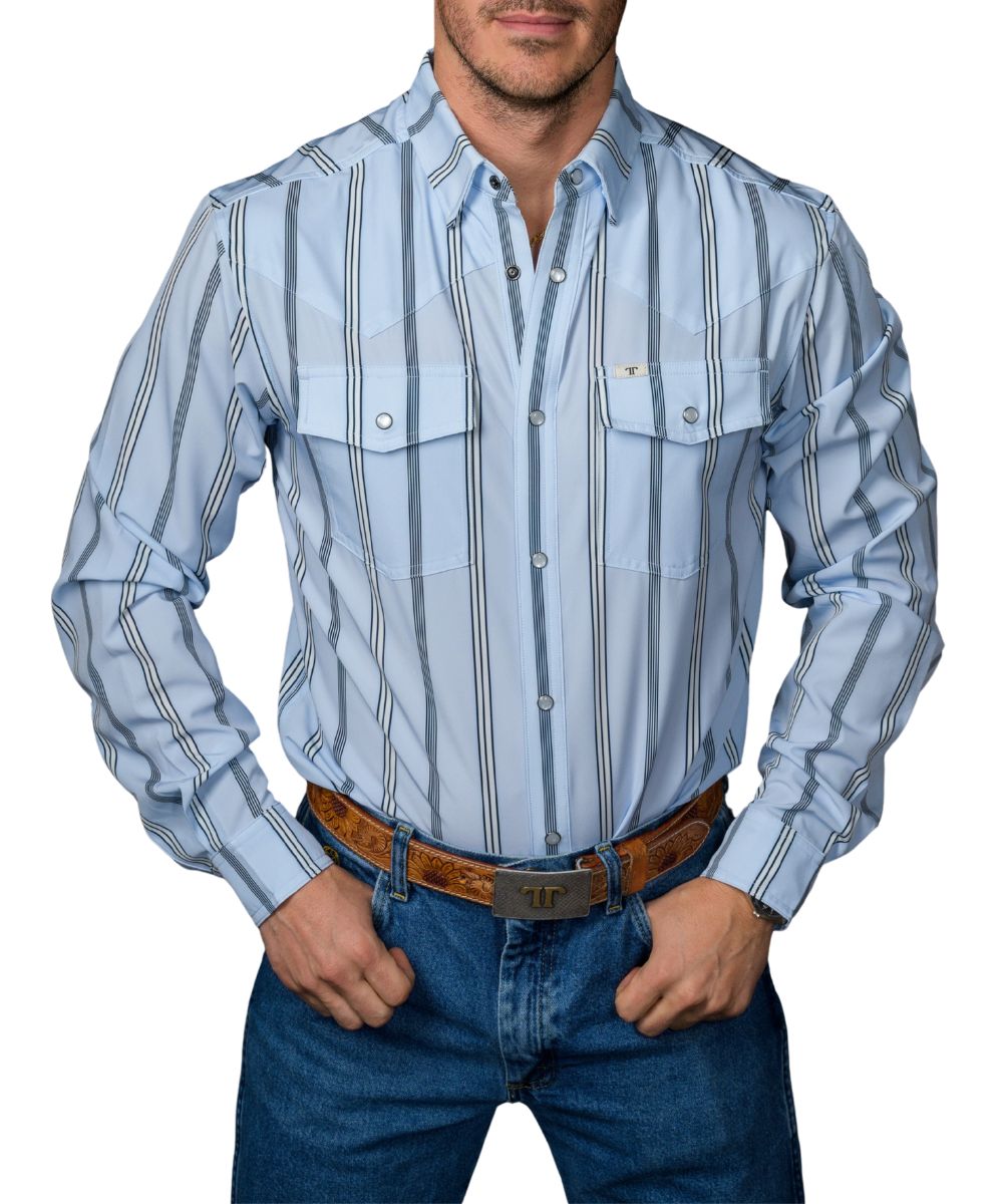 Front view of the men's light blue Ferrell Brand long sleeve pearl snap shirt featuring the hidden snap down collar, chest pockets, striped print, and wrinkle resistance