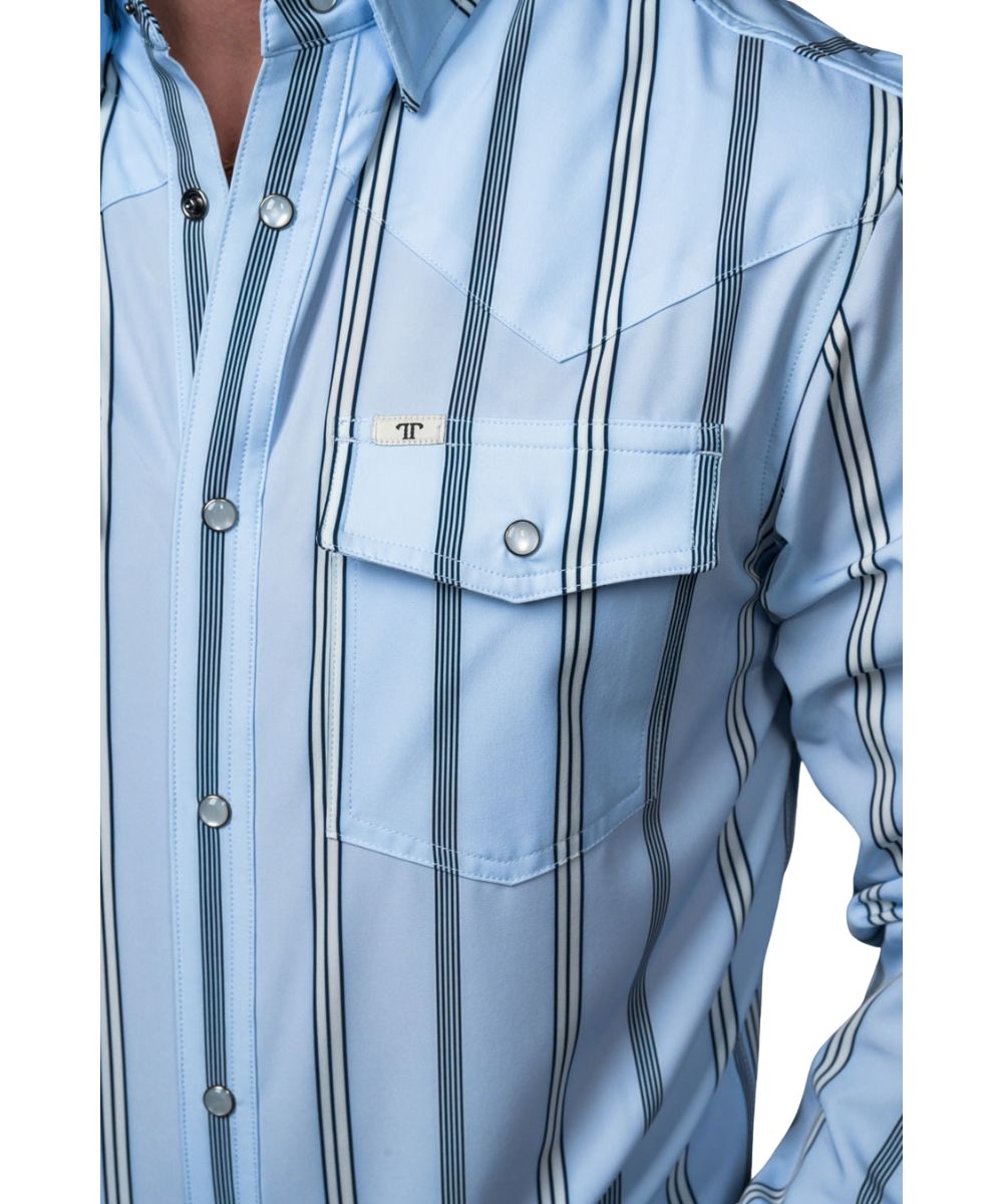 Close-up view of the men's light blue striped snap shirt featuring the single point snap flap chest pocket with a pen/sunglasses slot and single point western yokes