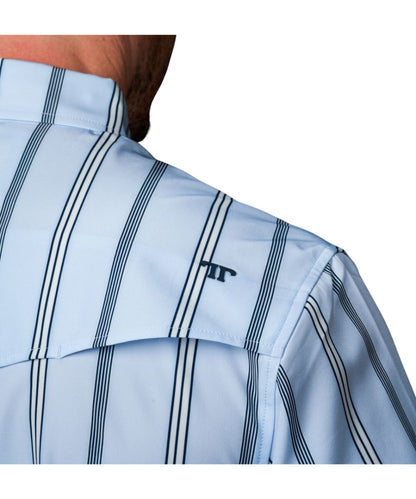 Close-up view of the vented back yoke for breathability and the vertical striped print