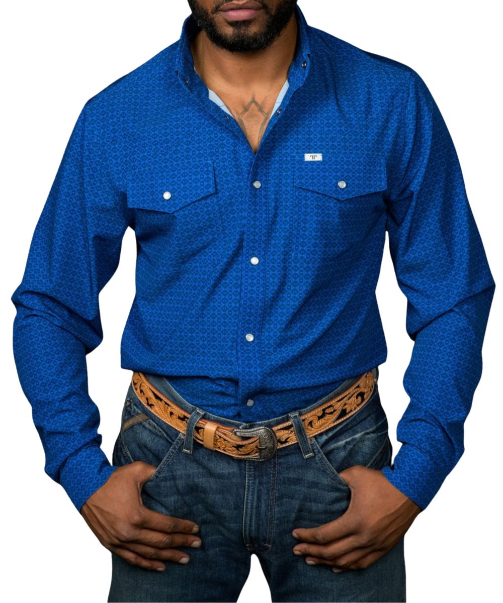 Front view of the men's blue Ferrell Brand long sleeve pearl snap shirt featuring the hidden snap down collar, chest pockets, pearl snaps, geometric print, and wrinkle resistance