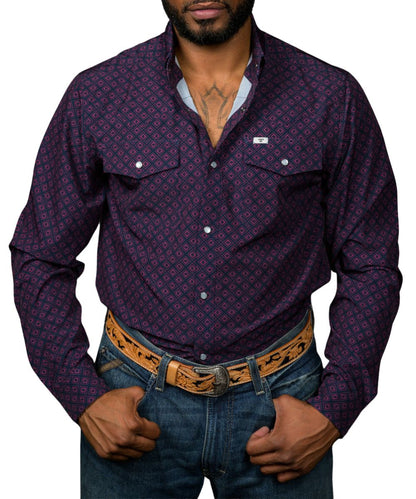 Front view of the men's black Ferrell Brand long sleeve snap shirt featuring the lightweight, breathable construction, hidden snap down collar, pearl snaps, snap flap chest pockets, logo label and pen slot at the left chest pocket, and a geometric print