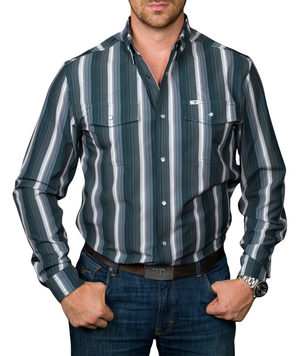 Front view of the men's black Ferrell Brand long sleeve snap shirt featuring the striped print