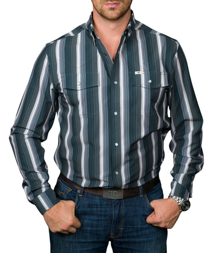 Front view of the men's black Ferrell Brand long sleeve snap shirt featuring the striped print