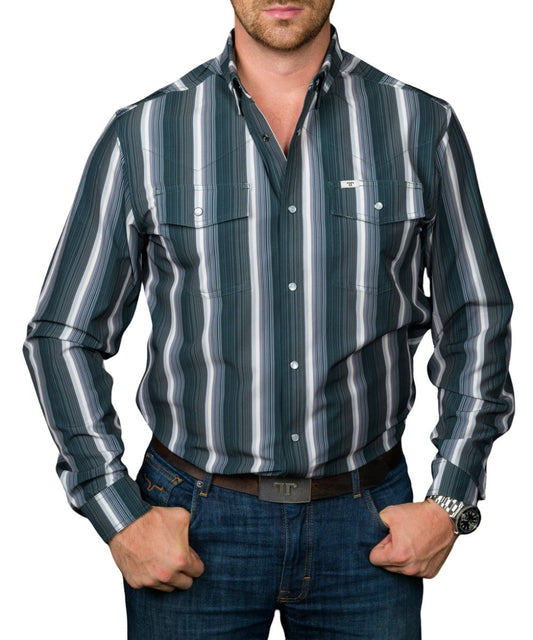 Front view of the men's black Ferrell Brand long sleeve snap shirt featuring the striped print