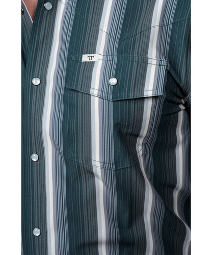 Close-up view of the men's black striped snap shirt featuring the pearl snaps, snap flap chest pockets with a pen/sunglasses slot, western yokes, and hidden snap down collar