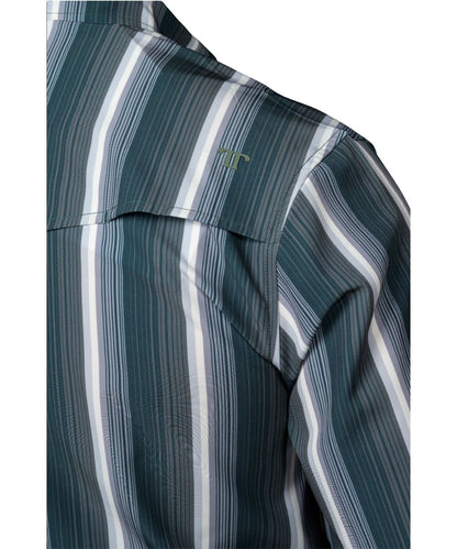 Close-up view of the vented back yoke and striped print