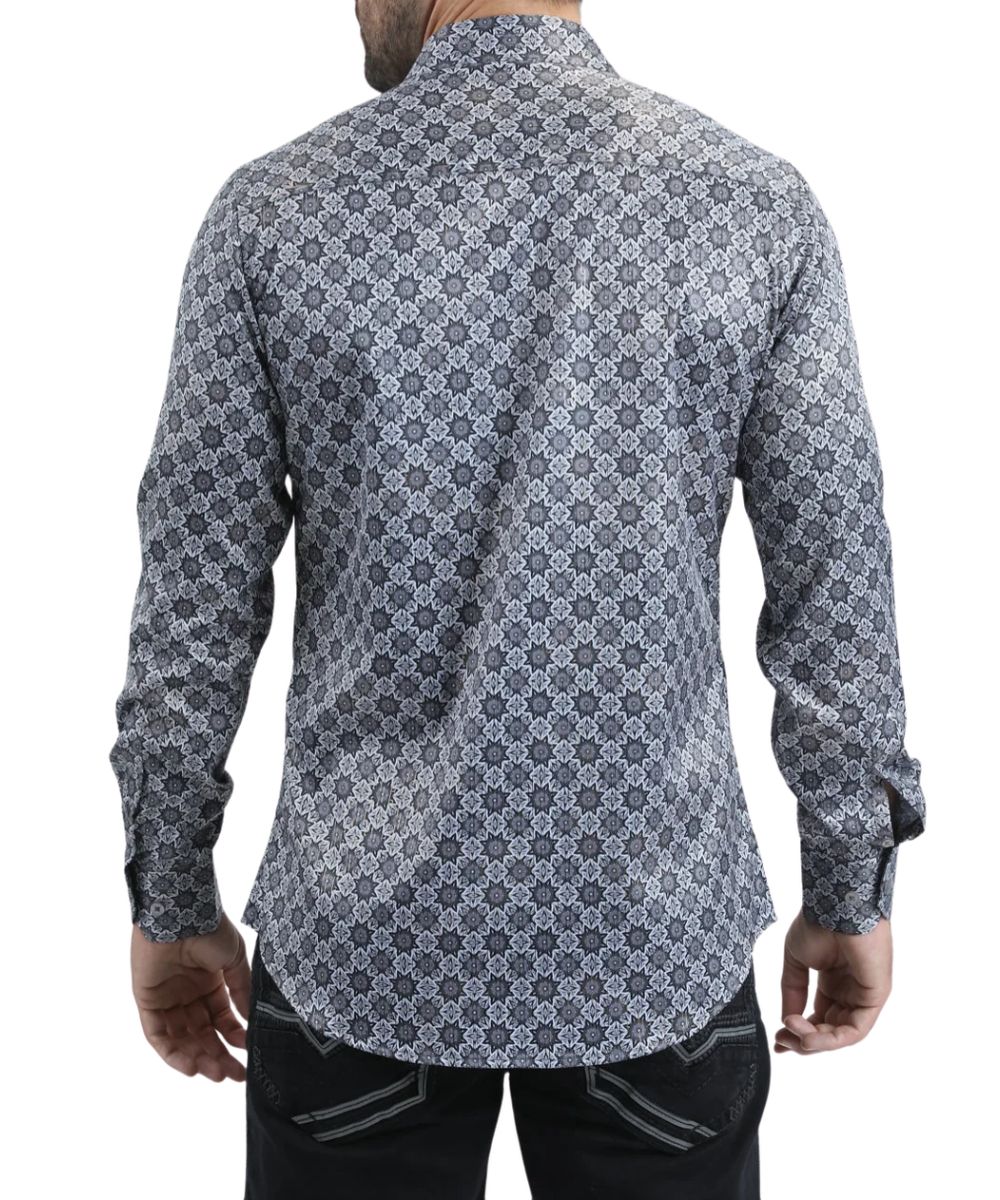 Back view of the men's grey long sleeve button down foil shirt featuring the straight back yoke and modern fit