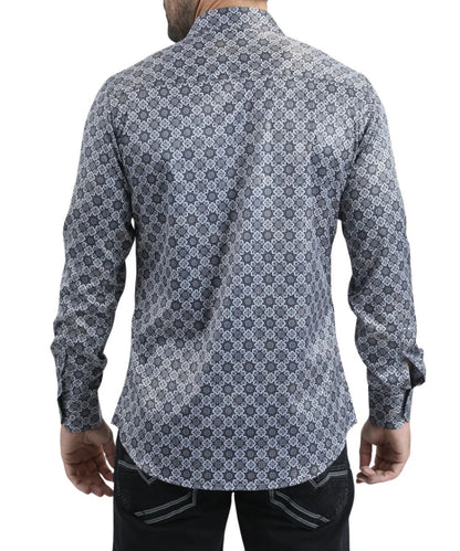 Back view of the men's grey long sleeve button down foil shirt featuring the straight back yoke and modern fit