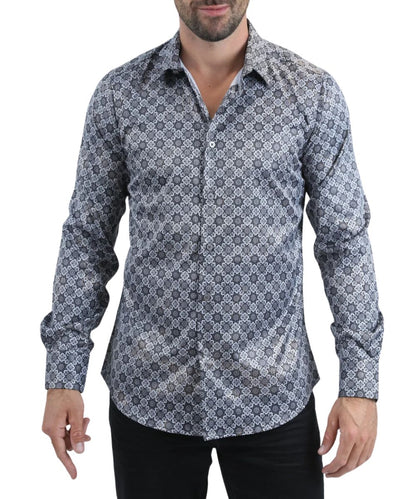 Front view of the men's grey Platini long sleeve button down foil shirt featuring the geometric print and spread collar