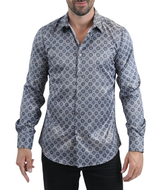Front view of the men's grey Platini long sleeve button down foil shirt featuring the geometric print and spread collar