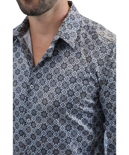 Close-up view of the foil fabric and grey geometric print