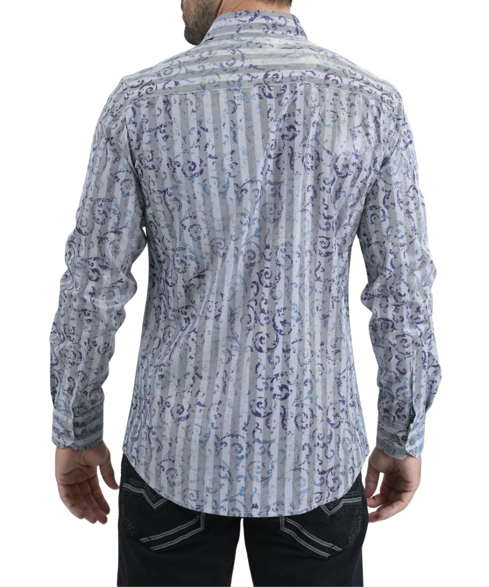 Back view of the men's grey long sleeve button down shirt featuring the grey stripe print on the stretch foil fabric with high-gloss sheen and straight back yoke