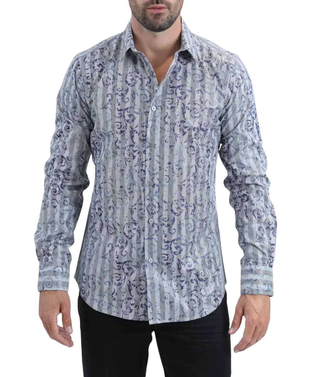 Front view of the men's grey Platini long sleeve button down dress shirt featuring the modern fit and urban editorial graphic print