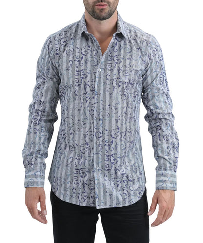Front view of the men's grey Platini long sleeve button down dress shirt featuring the modern fit and urban editorial graphic print
