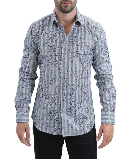 Front view of the men's grey Platini long sleeve button down dress shirt featuring the modern fit and urban editorial graphic print