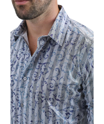 Close-up view of the urban editorial graphic print in premium foil fabric