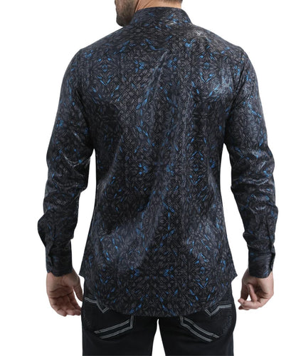 Back view of the men's black long sleeve button down dress shirt featuring the straight back yoke and stretch foil fabric with a high-gloss sheen