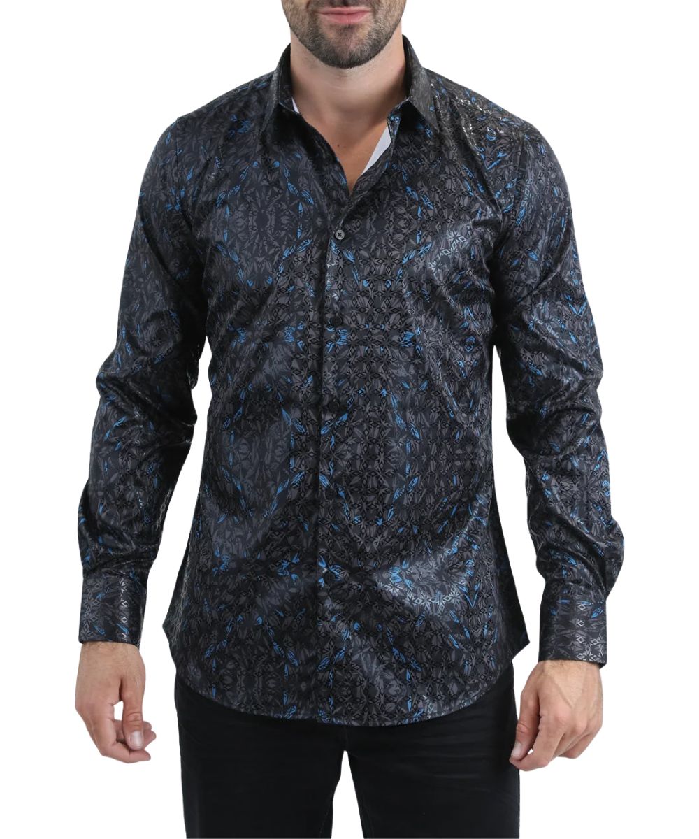 Front view of the men's black Platini long sleeve button down foil shirt featuring the spread collar and urban editorial print