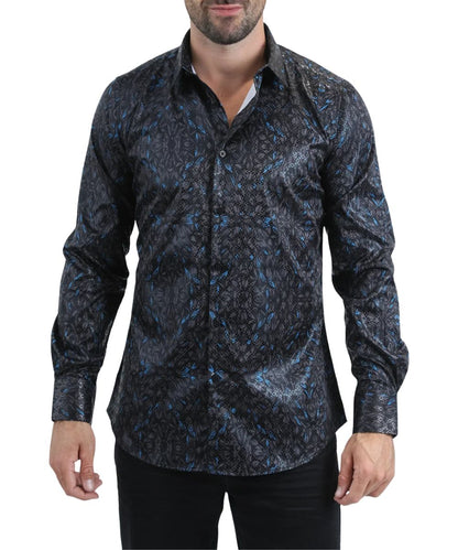 Front view of the men's black Platini long sleeve button down foil shirt featuring the spread collar and urban editorial print
