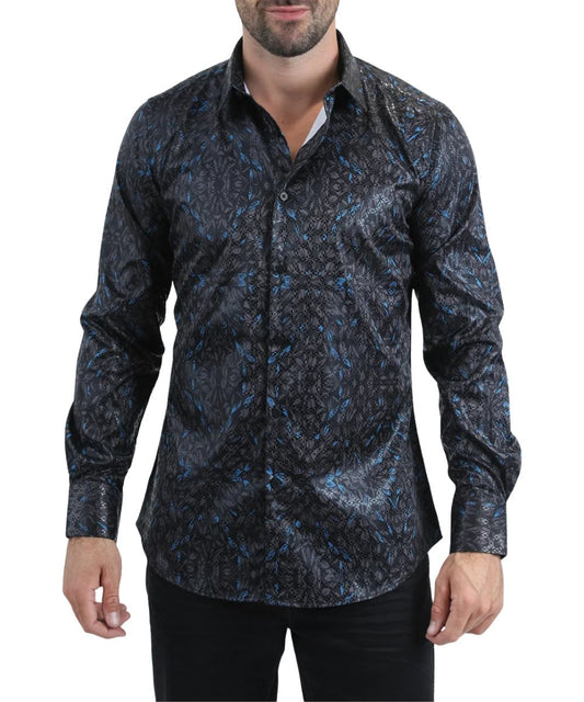 Front view of the men's black Platini long sleeve button down foil shirt featuring the spread collar and urban editorial print
