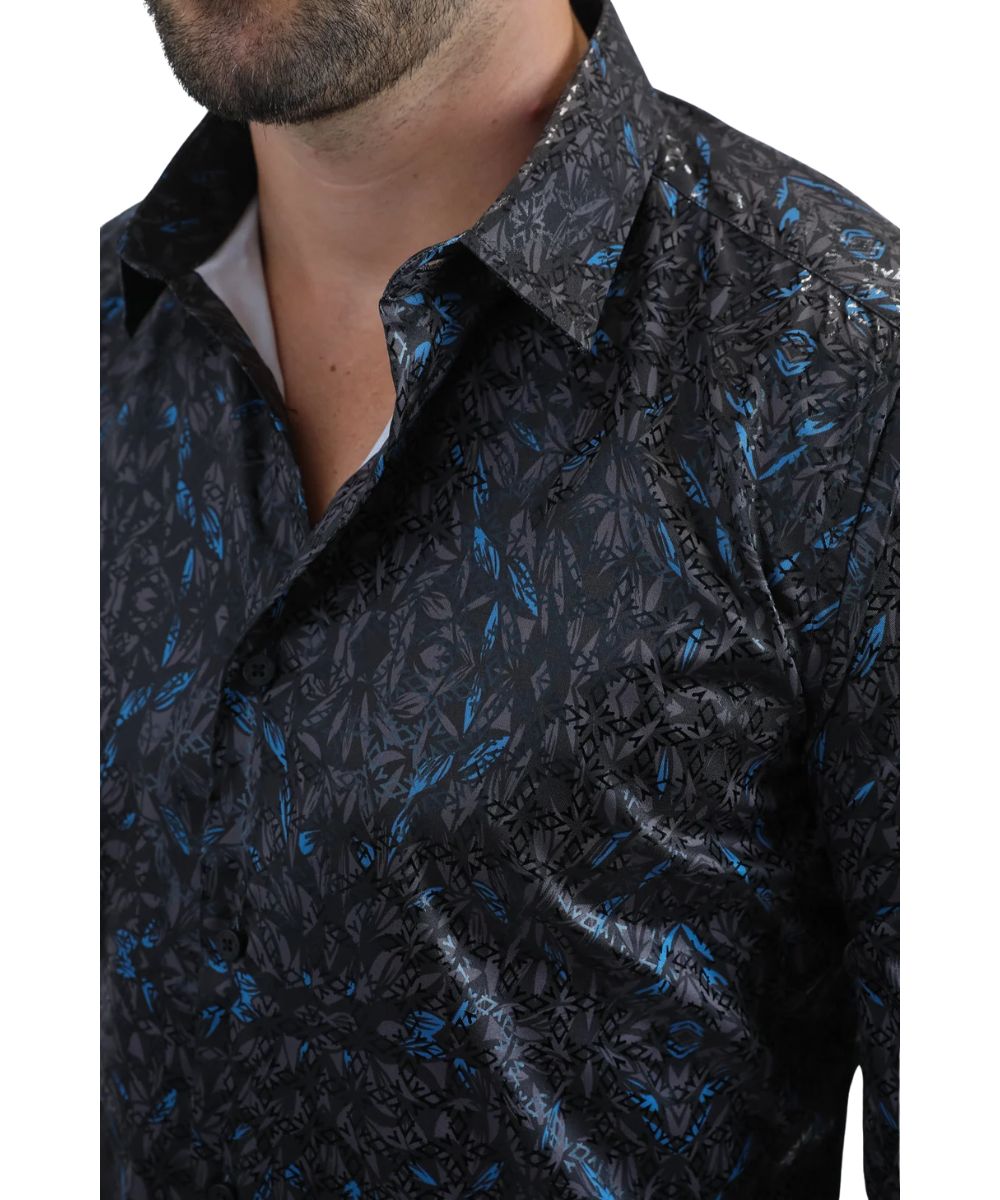 Close-up view of the urban editorial graphic print in premium foil fabric