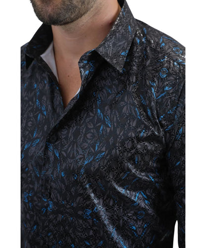 Close-up view of the urban editorial graphic print in premium foil fabric