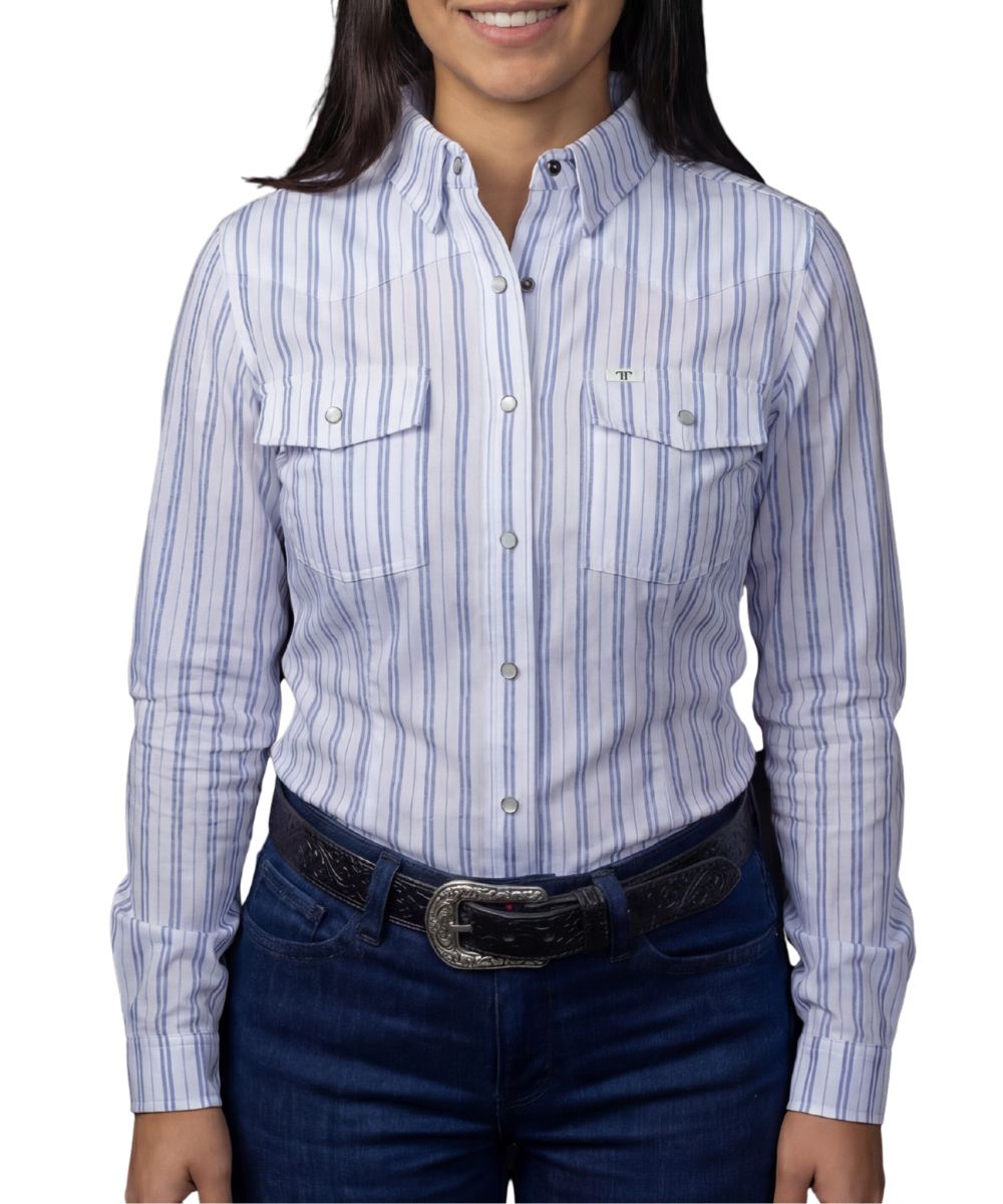 Front view of the women's Ferrell Brand white long sleeve pearl snap shirt featuring the blue vertical striped print, snap flap chest pockets with a pen/sunglasses slot, hidden snap down collar, and western yokes
