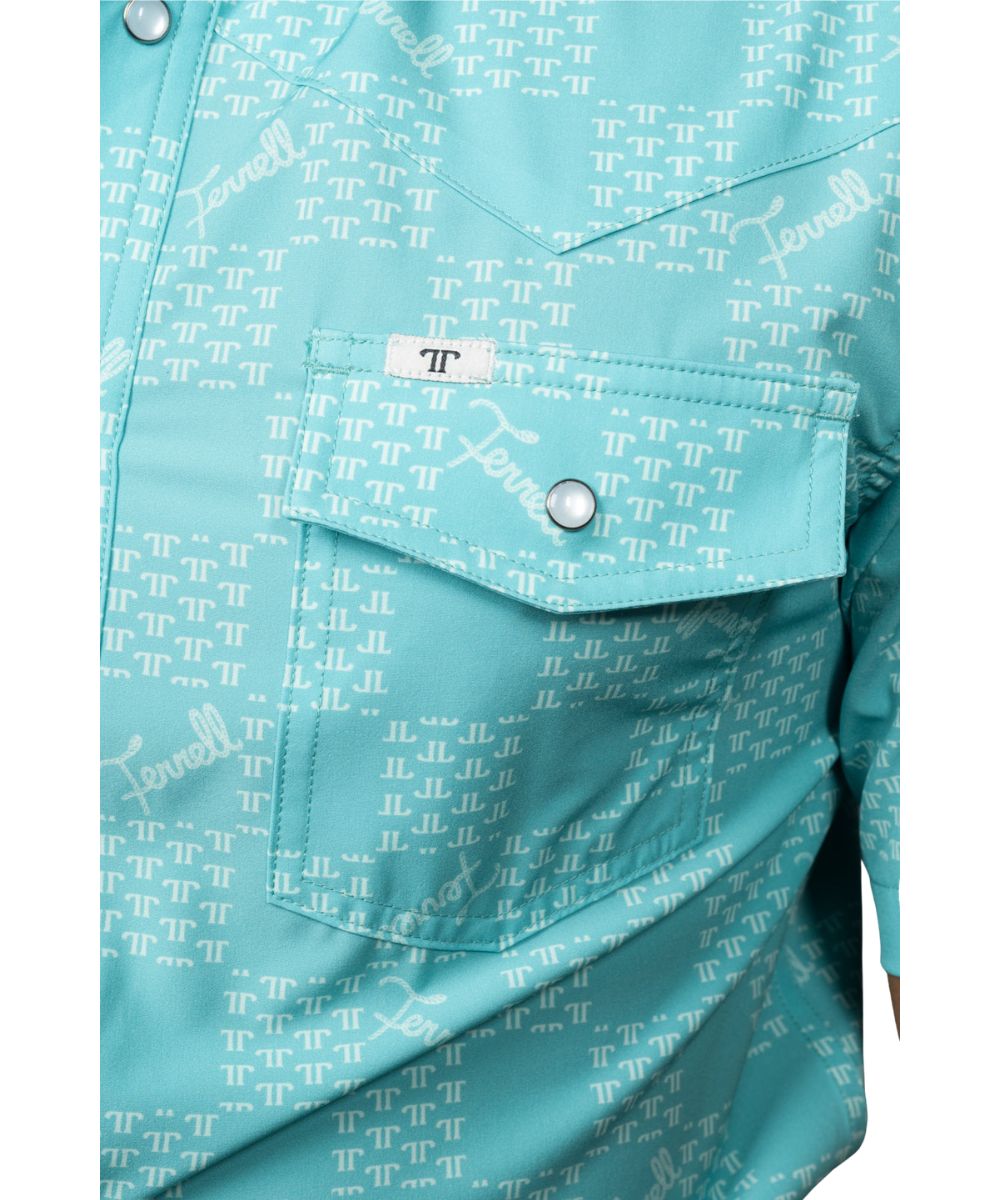 Close-up view of the geometric logo check print pattern on the green lightweight, breathable, UPF protection fabric