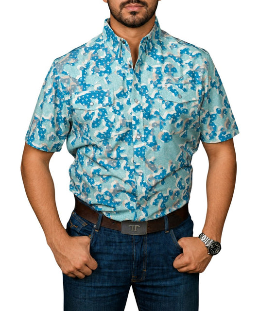 Front view of the men's short sleeve pearl snap shirt featuring pearl snaps, geometric print, hidden snap down collar, and chest pockets