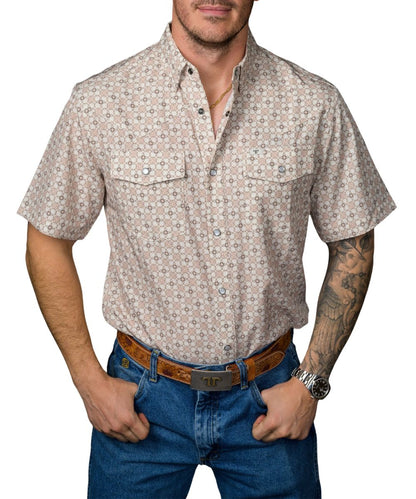 Front view of the men's Ferrell Brand cream geometric floral print short sleeve pearl snap shirt featuring the chest pockets, western yokes, and lightweight breathable fabric