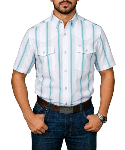 Front view of the men's grey green striped western snap shirt featuring pearl snaps, chest pockets, hidden snap down collar, and western yokes