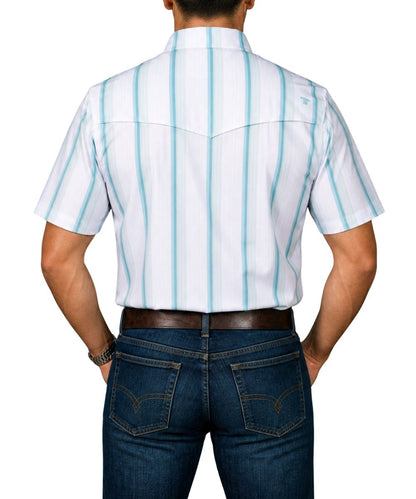Back view of the men's short sleeve snap shirt featuring a vented back yoke