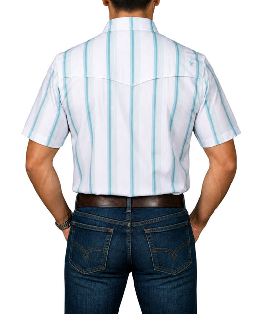 Back view of the men's short sleeve snap shirt featuring a vented back yoke