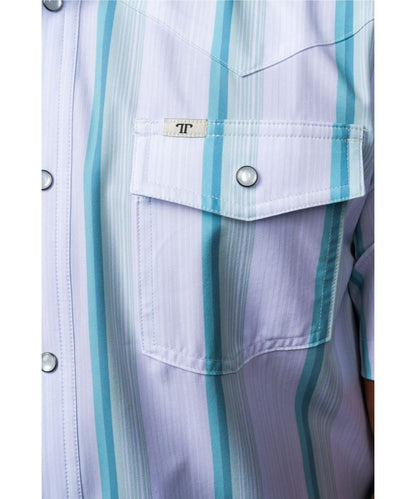 Close-up view of the grey green striped print