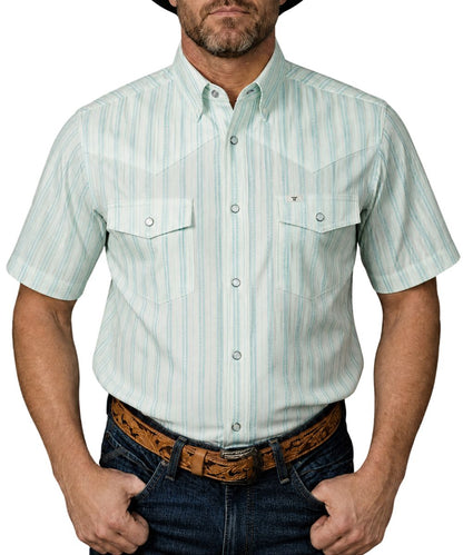 Front view of the men's green striped western pearl snap shirt featuring short sleeves, chest pockets, western yokes, and lightweight, UPF protection, breathable fabric